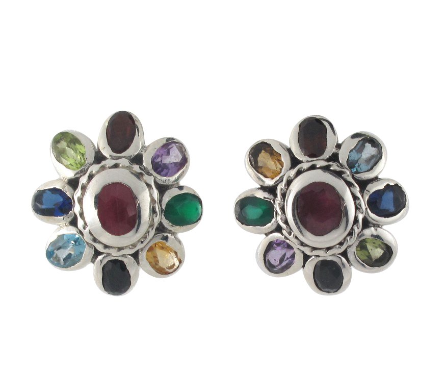 Flower Oval Multi Color Stone Marcasite 925 Sterling Silver Stud Earrings