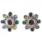 Flower Oval Multi Color Stone Marcasite 925 Sterling Silver Stud Earrings