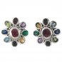 Flower Oval Multi Color Stone Marcasite 925 Sterling Silver Stud Earrings