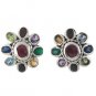 Flower Oval Multi Color Stone Marcasite 925 Sterling Silver Stud Earrings