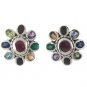 Flower Oval Multi Color Stone Marcasite 925 Sterling Silver Stud Earrings