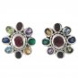 Flower Oval Multi Color Stone Marcasite 925 Sterling Silver Stud Earrings