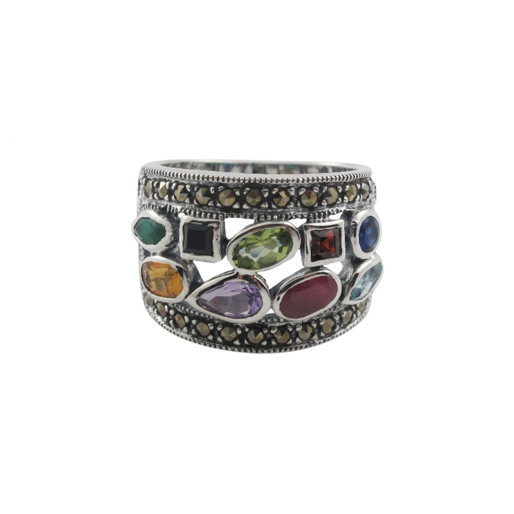 Two Row Multicolor Gemstone Marcasite 925 Sterling Silver Ring