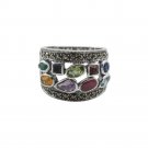 Two Row Multicolor Gemstone Marcasite 925 Sterling Silver Ring