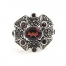 Elegant Garnet Stone Cross Marcasite 925 Sterling Silver Ring