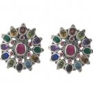 Oval Star Burst Multi Color Stone 925 Sterling Silver Stud Earrings