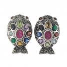 Puffy Fish Marcasite Multi Color Gem Stone 925 Sterling Silver Stud Earrings
