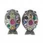 Puffy Fish Marcasite Multi Color Gem Stone 925 Sterling Silver Stud Earrings