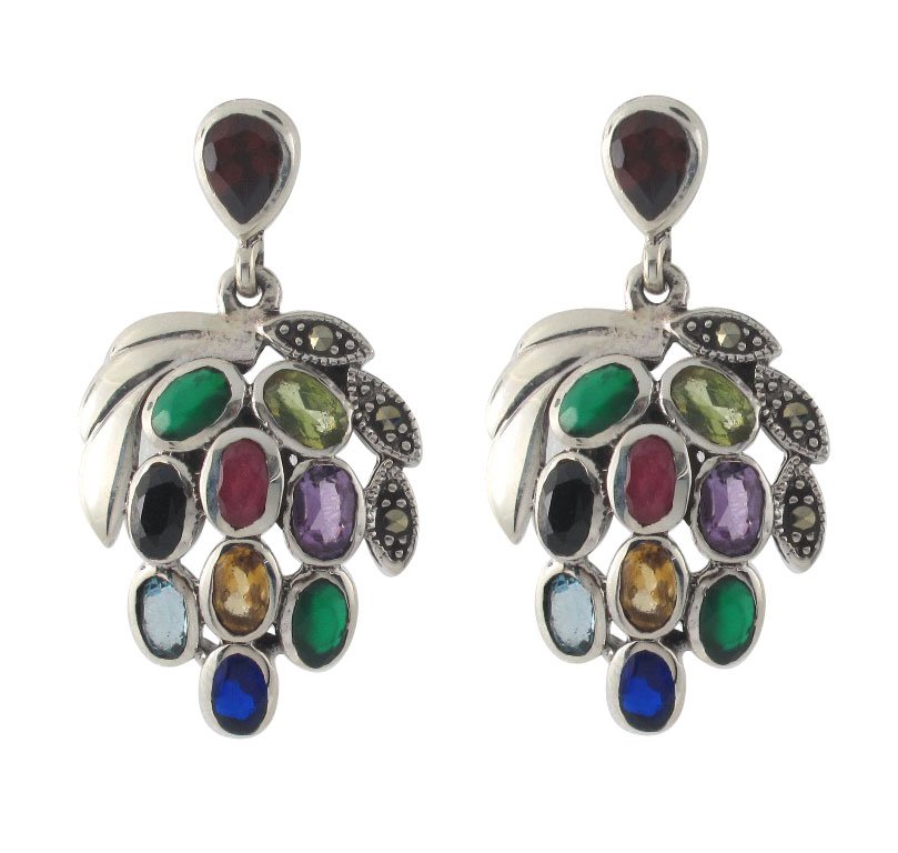 Grape Fruit Marcasite Multi Color Stone 925 Sterling Silver Stud Earrings