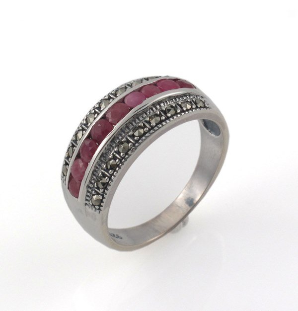 Ruby Band Row Marcasite 925 Sterling Silver Ring