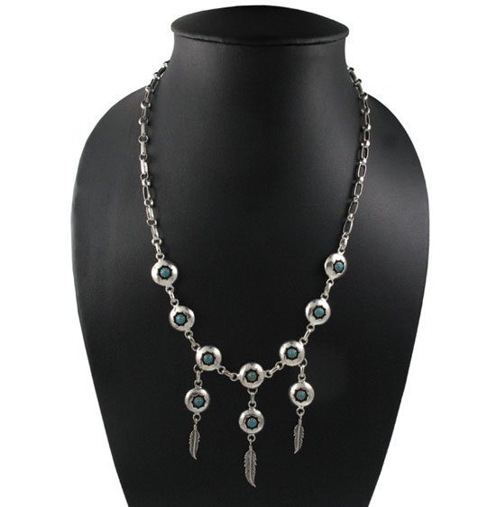 20" Circle Round Concho Button Tribal Bird Feather Sterling Silver Necklace