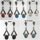 Triangle Oval Inlay Stone Dangle Marcasite 925 Sterling Silver Earrings
