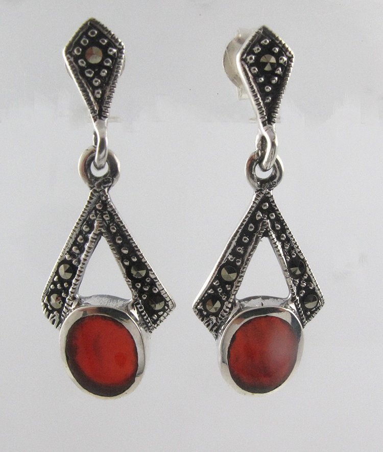 Triangle Oval Inlay Stone Dangle Marcasite 925 Sterling Silver Earrings