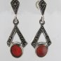 Triangle Oval Inlay Stone Dangle Marcasite 925 Sterling Silver Earrings