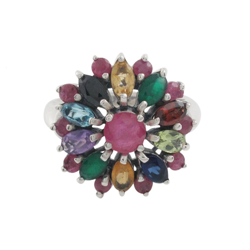 Blossom Flower Ruby Multicolor Gemstone 925 Sterling Silver Ring