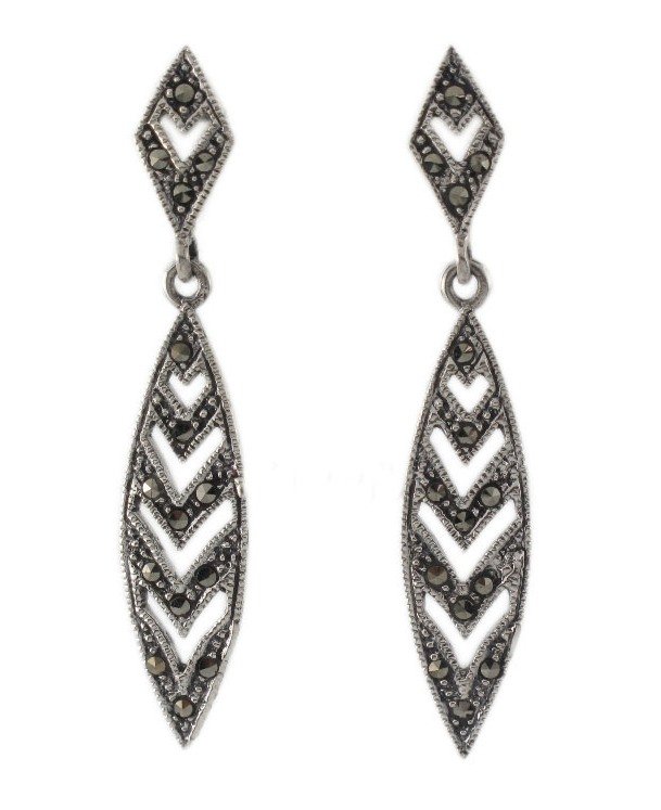 Multi Layer Marquise Dangle Vintage Marcasite 925 Sterling Silver Earrings