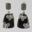 Stone Square Butterfly Drop Marcasite 925 Sterling Silver Earrings Vintage