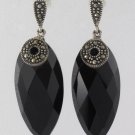 Onyx  Long Marquise Marcasite 925 Sterling Silver Earrings Vintage