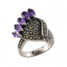 Peacock Bird Wing Purple Amethyst 925 Sterling Silver Marcasite Ring