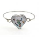 7" Humming Bird Painted Heart MOP 925 Sterling Silver Bangle Bracelet