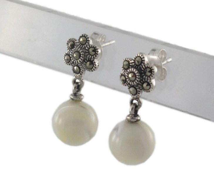 Flower Marcasite Bead Ball Dangle 925 Sterling Silver Stud Earrings