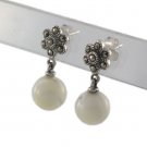 Flower Marcasite Bead Ball Dangle 925 Sterling Silver Stud Earrings