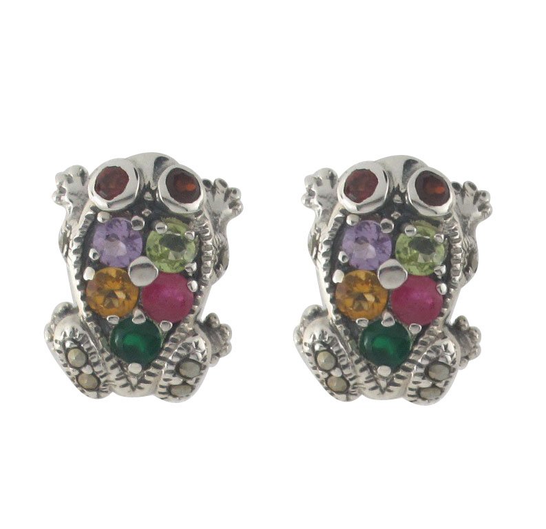 Prince Frog Marcasite Multi Color Stone 925 Sterling Silver Stud Earrings