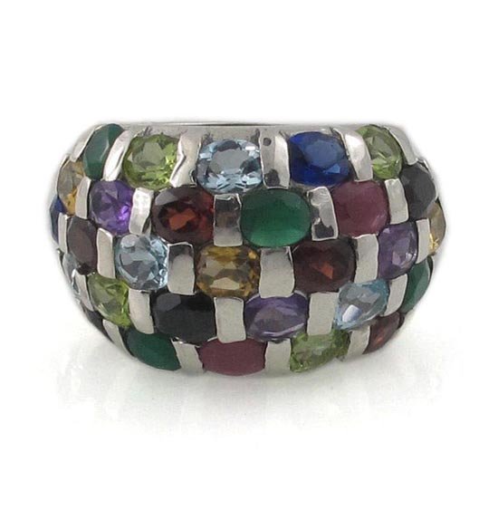 Multi Color Gemstone Round Chess Band 925 Sterling Silver Ring