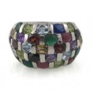 Multi Color Gemstone Round Chess Band 925 Sterling Silver Ring