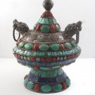 Tibet Tibetan Bowl Turquoise Lapis Coral Dragon Bowl Urn 925 Sterling Silver