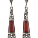 Filigree Red Agate Teardrop Marcasite 925 Sterling Silver Earrings Vintage