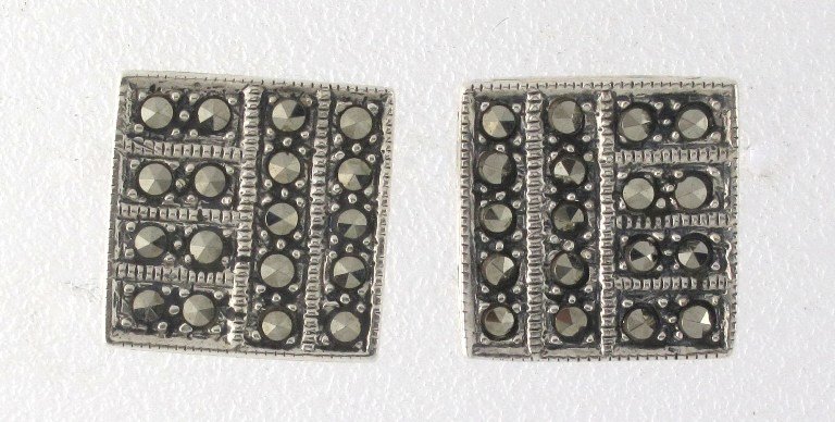Square Facet Marcasite 925 Sterling Silver Stud Earrings Vintage Geometric