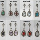 Gemstone Drop Teardrop Pear Marcasite 925 Sterling Silver Earrings