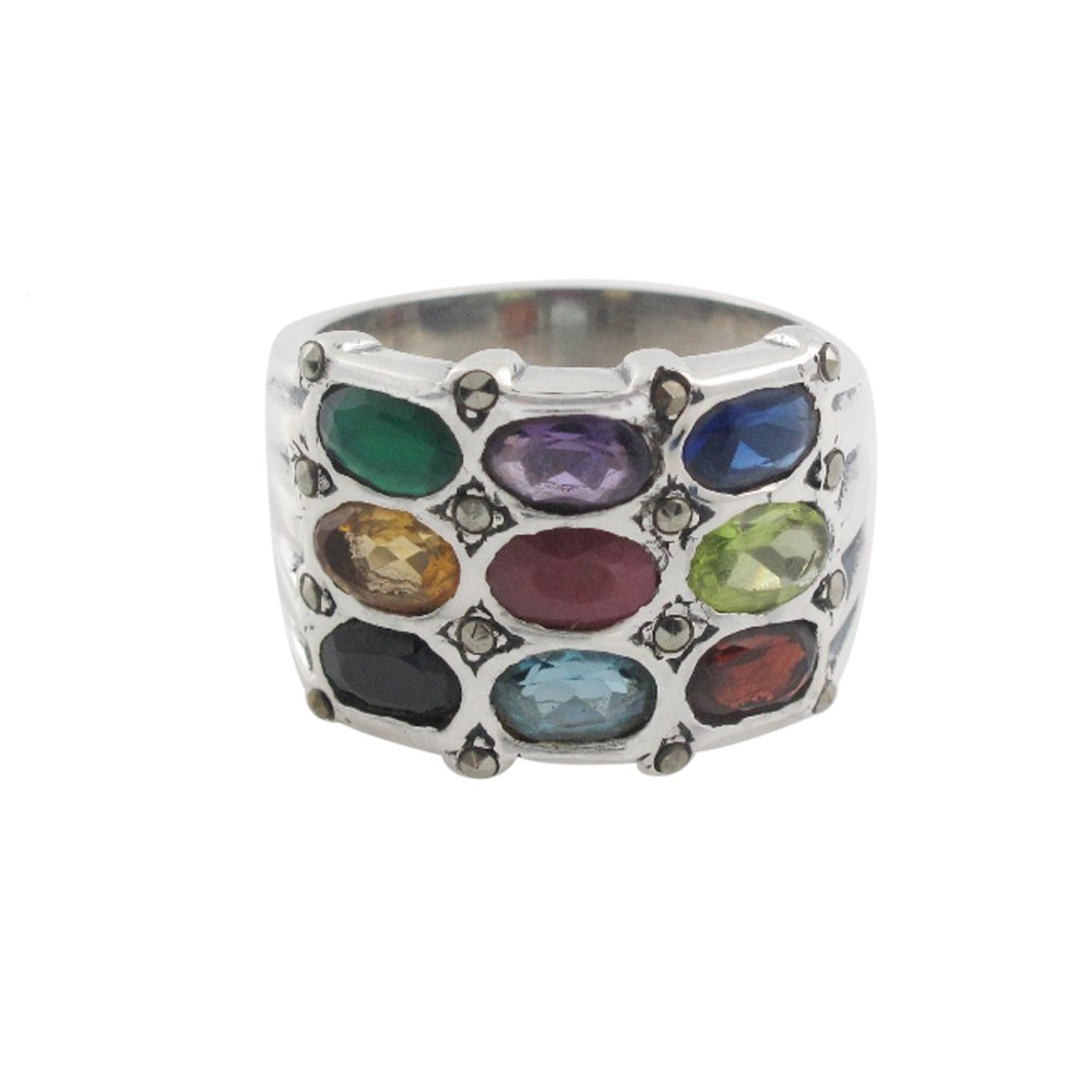 Oval Three Row Multicolor Gemstone 925 Sterling Silver Ring