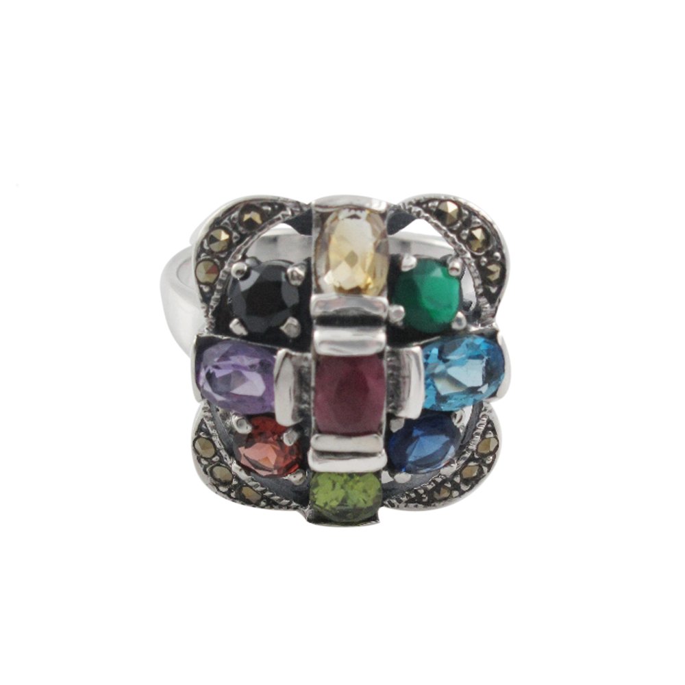 Square Cross Multicolor Gemstone Marcasite 925 Sterling Silver Ring