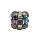 Square Cross Multicolor Gemstone Marcasite 925 Sterling Silver Ring