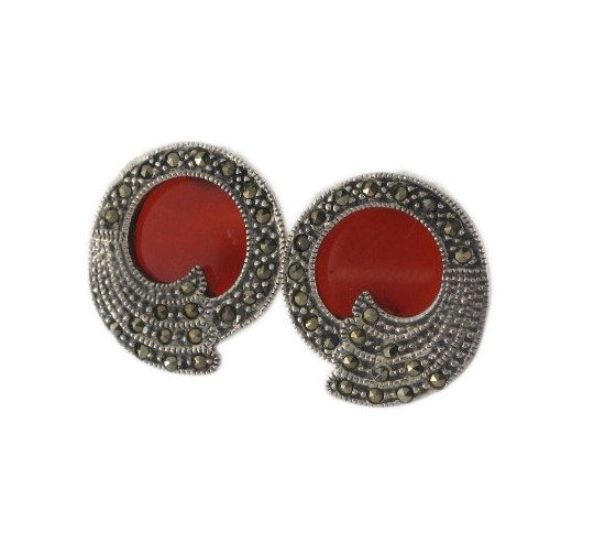Circle Wave Coil Marcasite Inlay Stone Round Stud Earrings 925 Sterling Silver