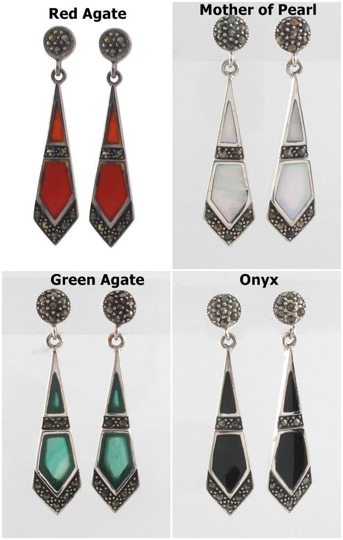 Point Triangle Drop Marcasite Stone 925 Sterling Silver Earrings