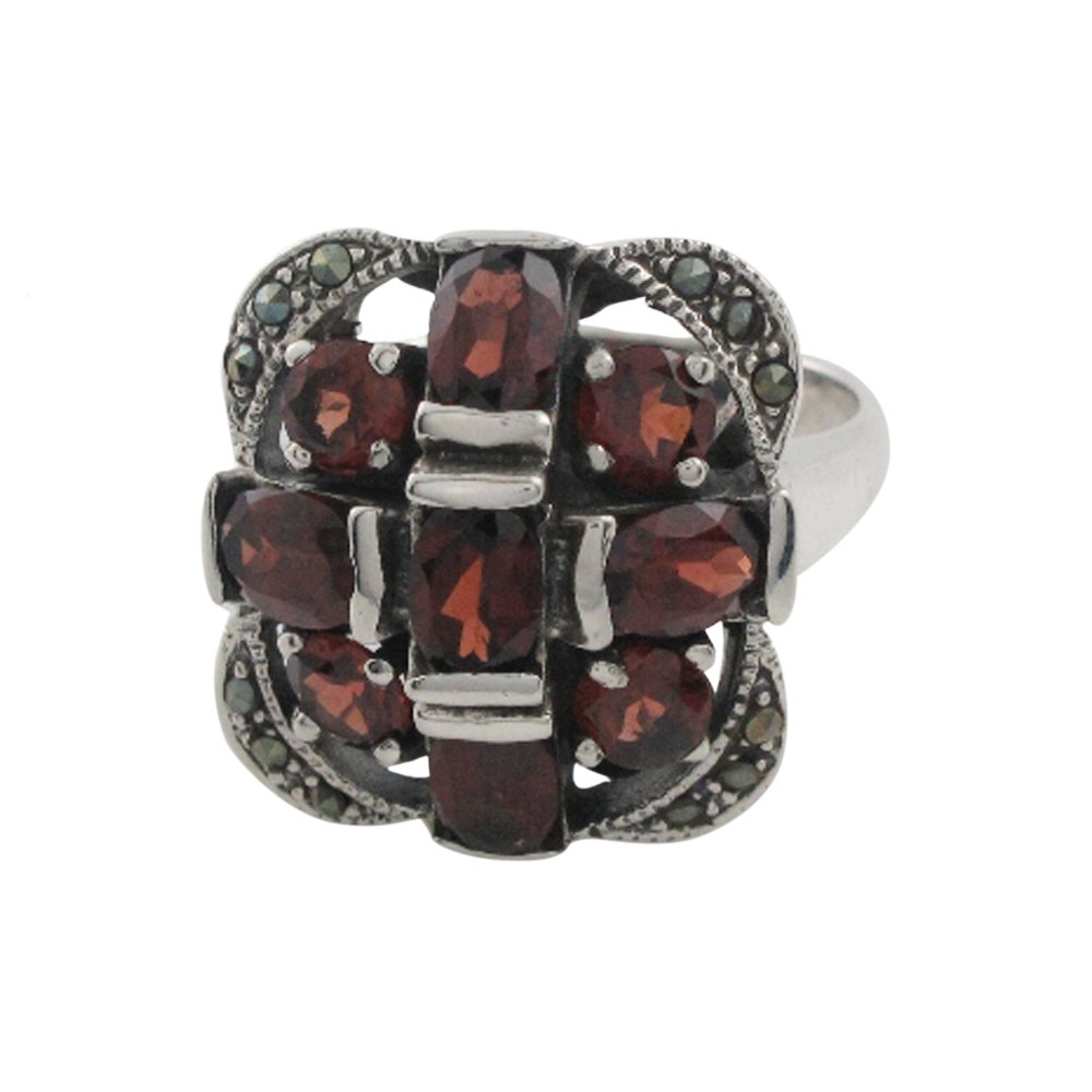 Square Red Garnet Cross Cluster Marcasite Gemstone 925 Sterling Silver Ring