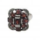 Square Red Garnet Cross Cluster Marcasite Gemstone 925 Sterling Silver Ring