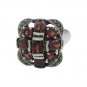 Square Red Garnet Cross Cluster Marcasite Gemstone 925 Sterling Silver Ring