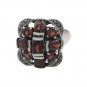 Square Red Garnet Cross Cluster Marcasite Gemstone 925 Sterling Silver Ring