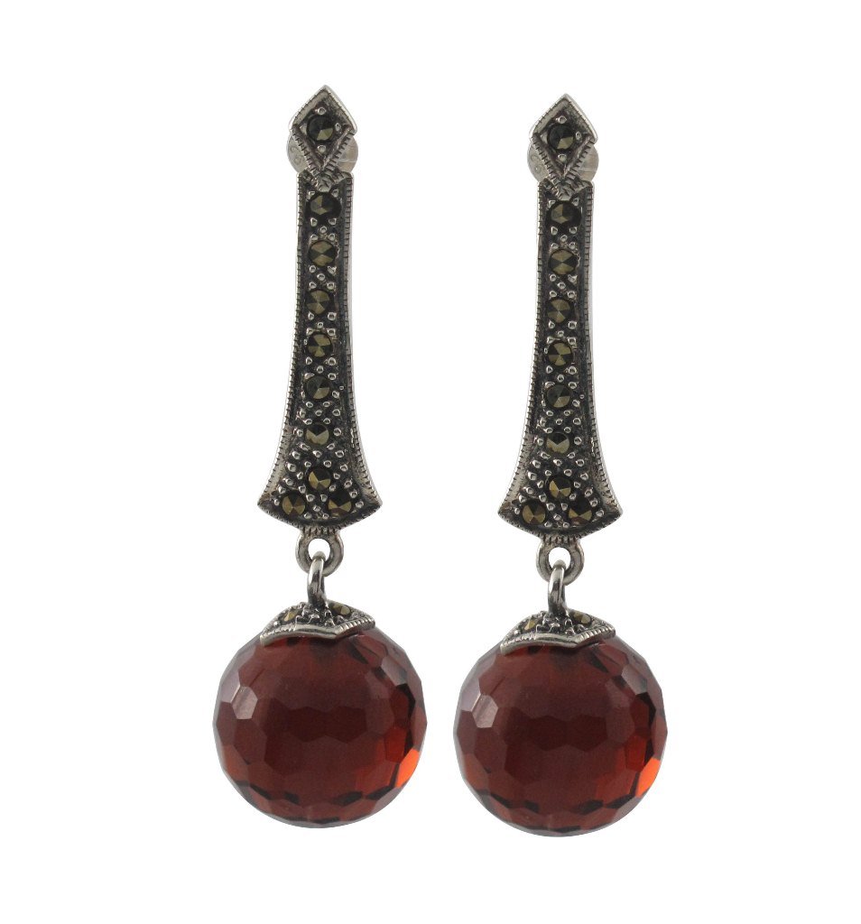 Red Bead Facet Ball Drop Marcasite 925 Sterling Silver Earrings