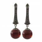 Red Bead Facet Ball Drop Marcasite 925 Sterling Silver Earrings