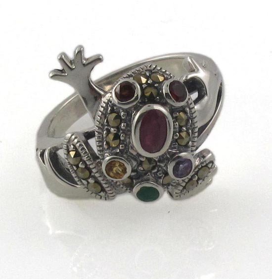 Frog Prince Animal Gemstone Multi Color 925 Sterling Silver Marcasite Ring
