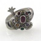 Frog Prince Animal Gemstone Multi Color 925 Sterling Silver Marcasite Ring