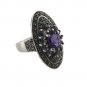 Purple Amethyst Oval Marcasite Statement 925 Sterling Silver Ring