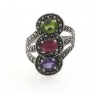 Multi Color Gemstone Oval Row Stone Marcasite Cocktail 925 Sterling Silver Ring