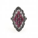 Marquise Cluster Stone Ruby Marcasite 925 Sterling Silver Ring Vintage