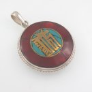Circle Om Symbol Tibet Turquoise Coral 925 Sterling Silver Pendant Prayer Box
